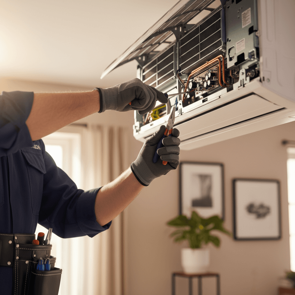 Técnico ajustando controles de ar condicionado