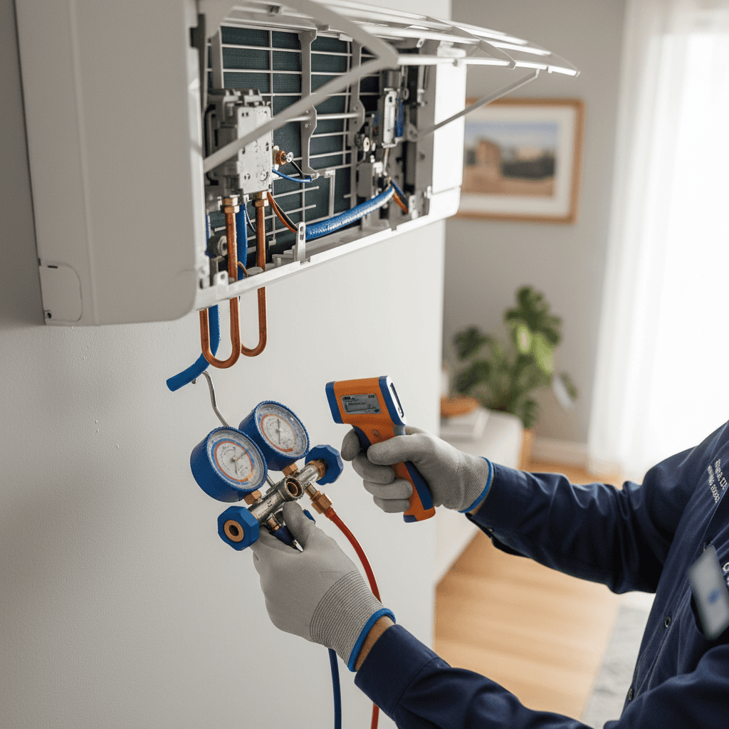 Técnico da MIDEAR realizando manutenção em sistema de ar condicionado